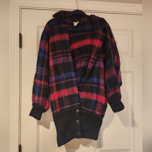 Tissage vintage wool oversized heavyweight Plaid cardigan sweater S - Picture 1 of 5